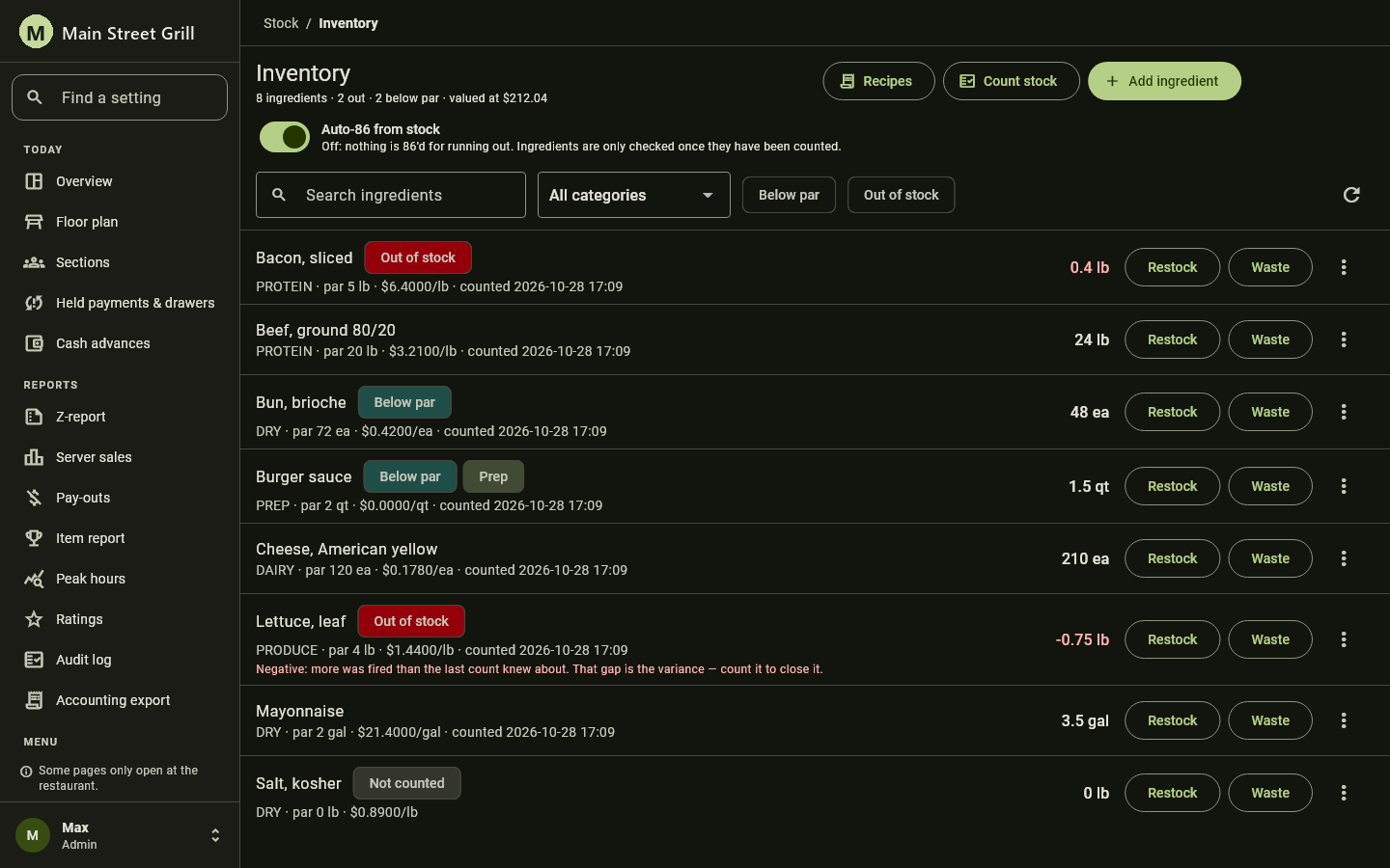 V POS inventory page: ingredients with par levels, counts, out-of-stock and below-par tags, and the auto-86 switch