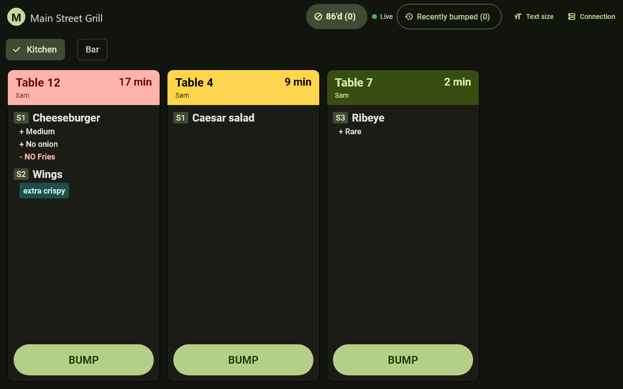 V POS kitchen display: three tickets with seat numbers, modifiers and age timers, and a bump button on each