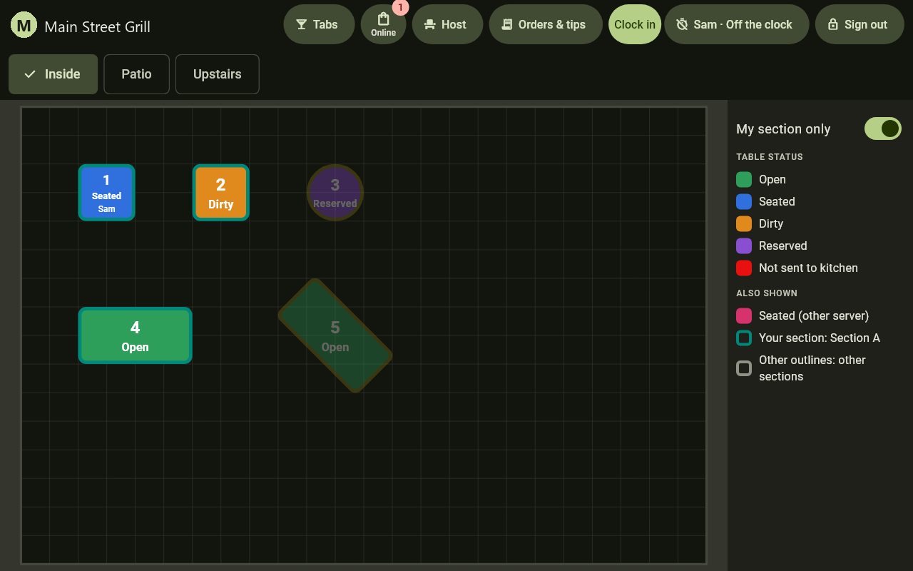 V POS floor map on a tablet: tables colored by status, floors across the top, the server's own section outlined