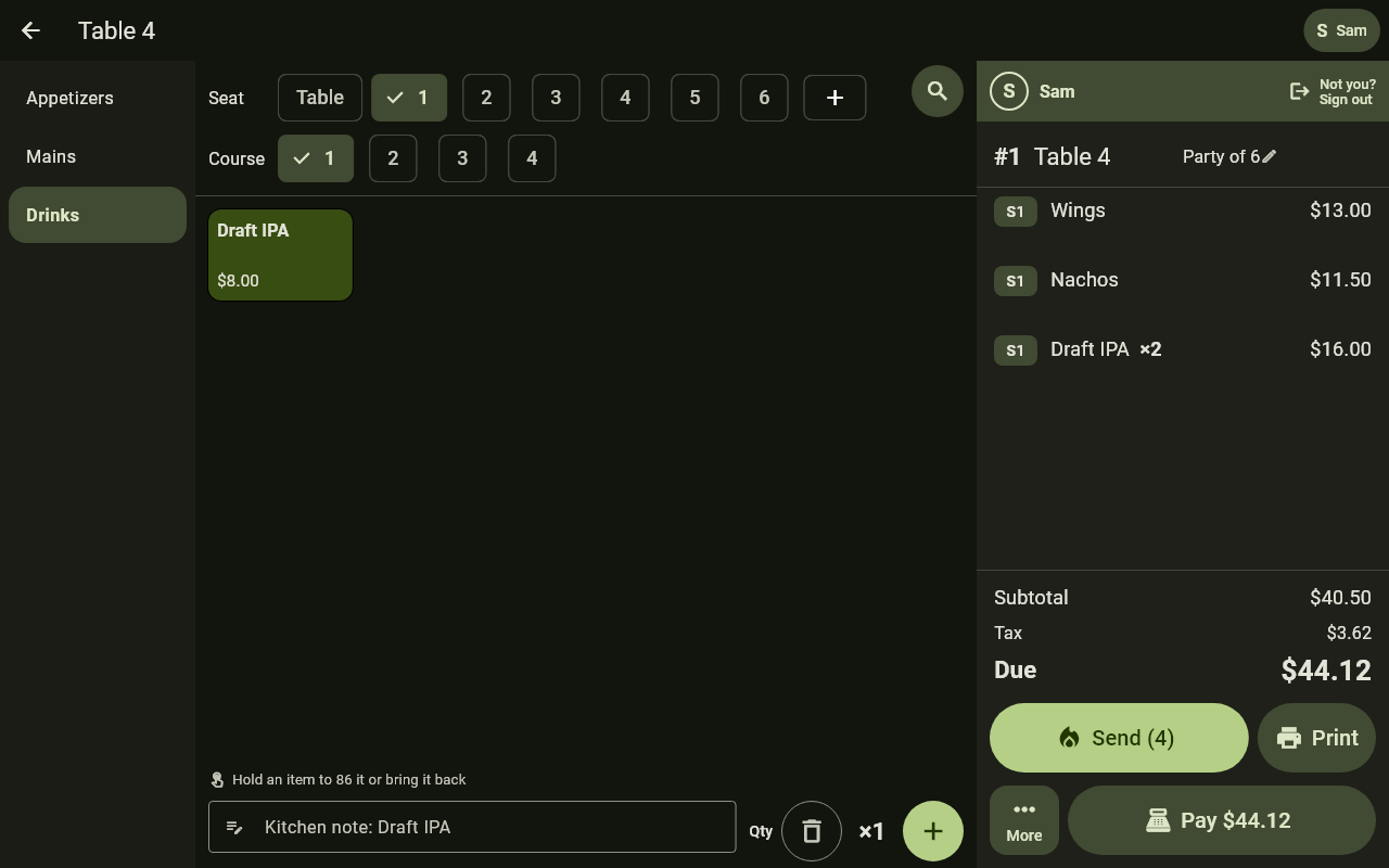 V POS order screen: seat and course buttons, the menu, and a ticket with Send and Pay buttons